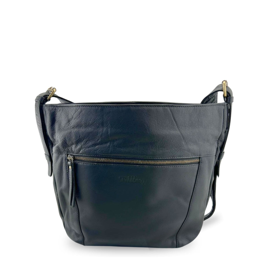 Black leather crossbody bag front view