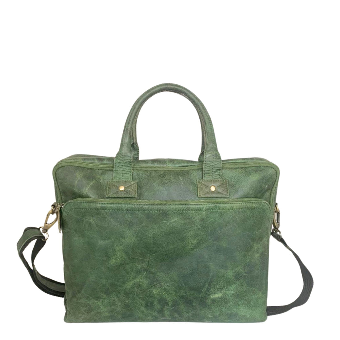 Green leather laptop briefcase bag front side