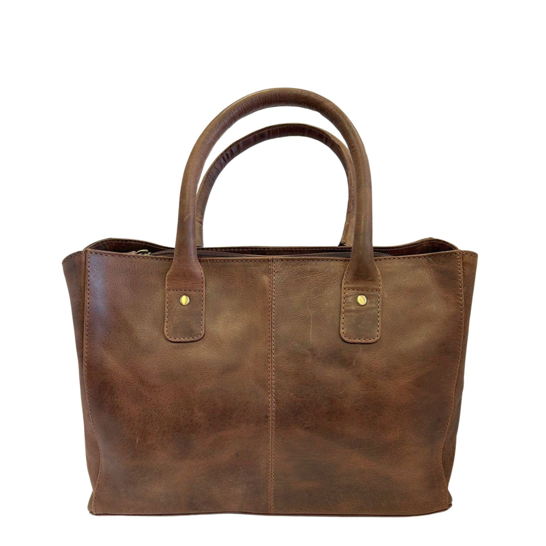 Brown leather handbag front view