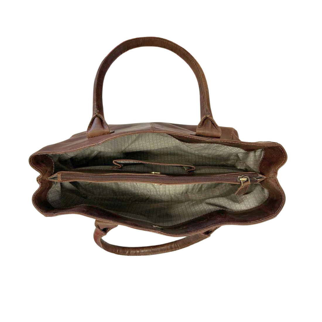 Brown leather handbag front view