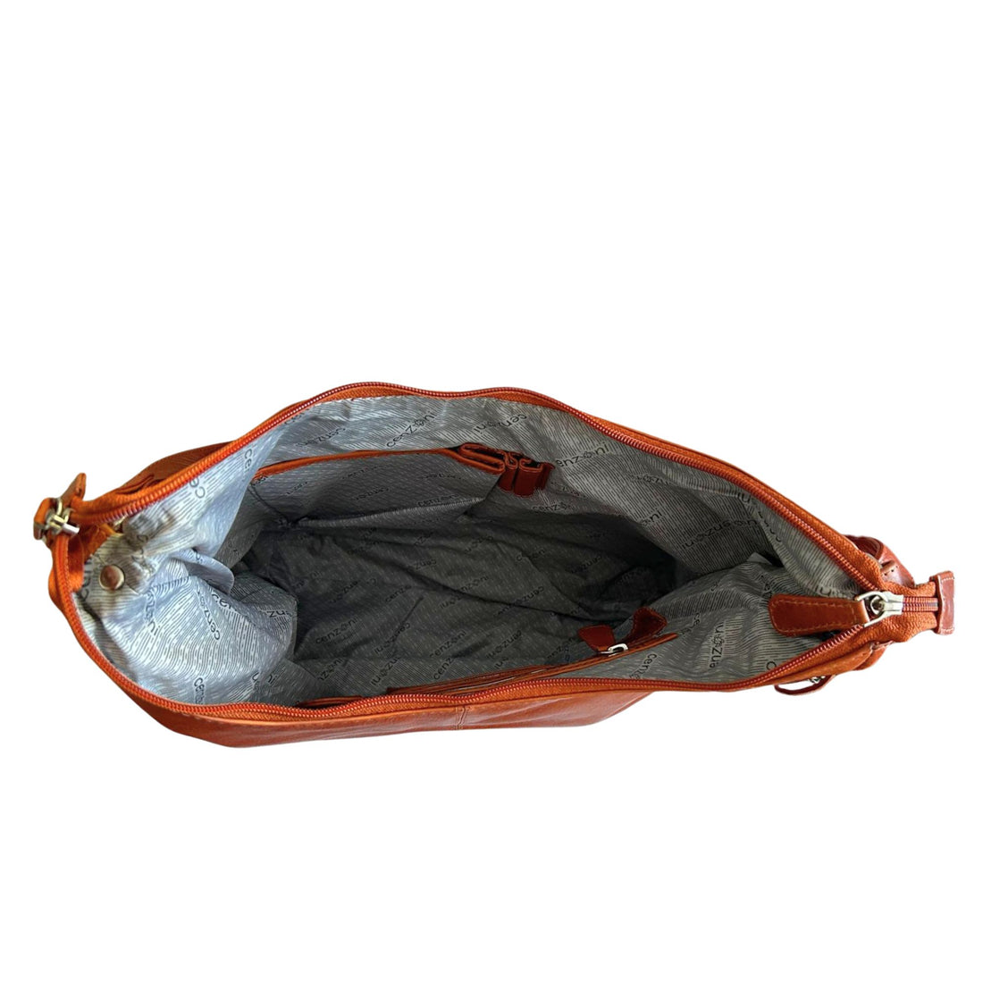 Orange leather bag inside view