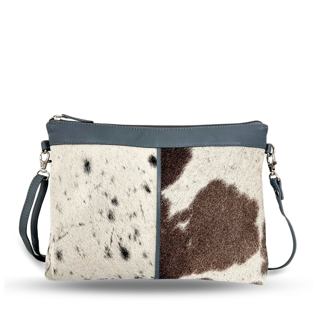 Grey cowhide large crossbody bag front view