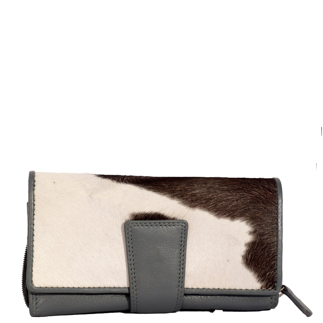 Grey cowhide ladies purse frontside view