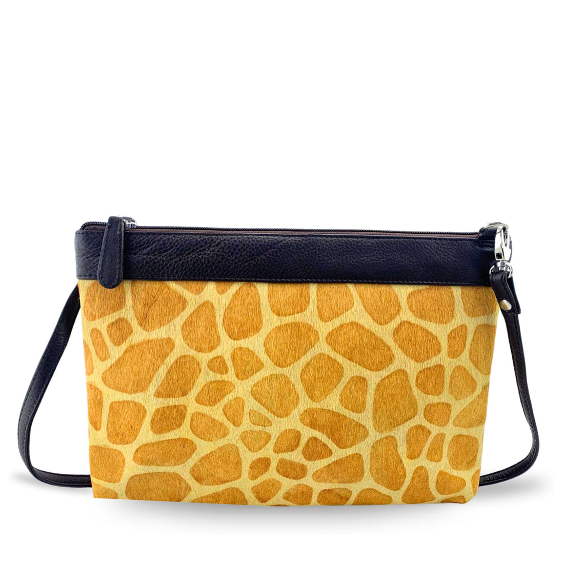 Giraffe print cowhide leather crossbody bag front view