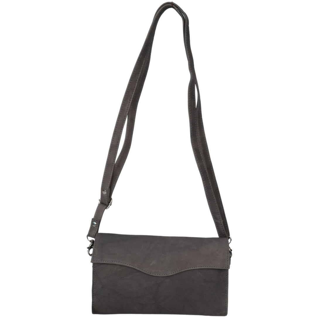 Grey small crossbody bag front view crossbody straps